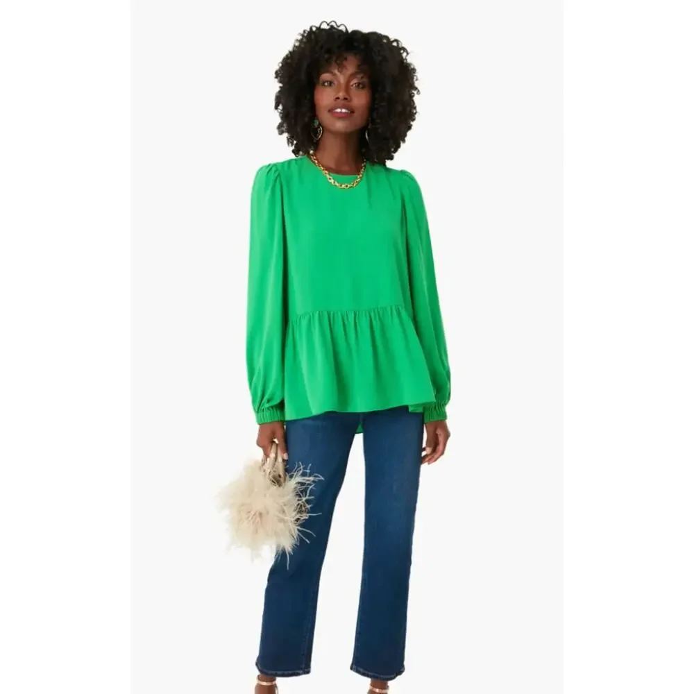 Pomander Place Bright Green Peplum Long Sleeve Blouse Xsmall
